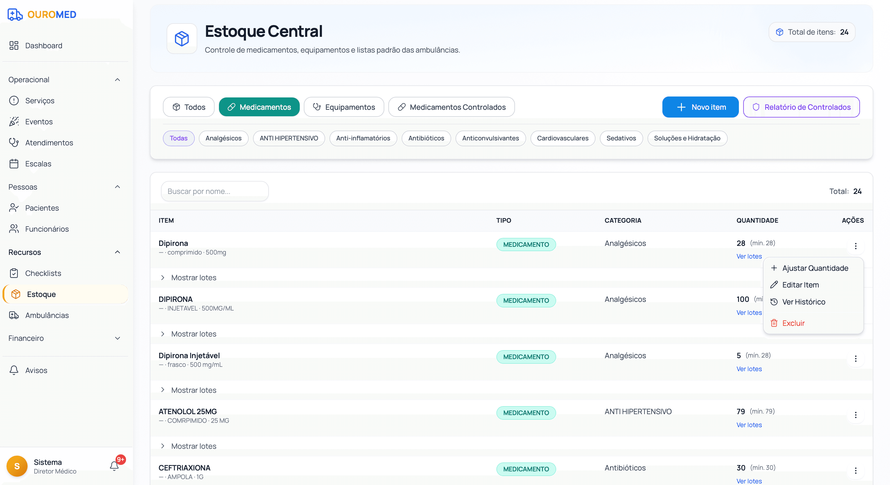 Estoque central do Edicare — medicamentos, equipamentos e controlados